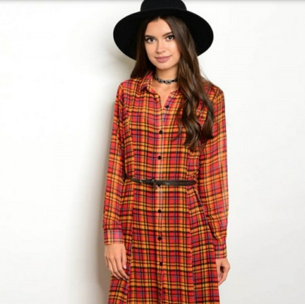 Long Sleeve Button Down Plaid Maxi